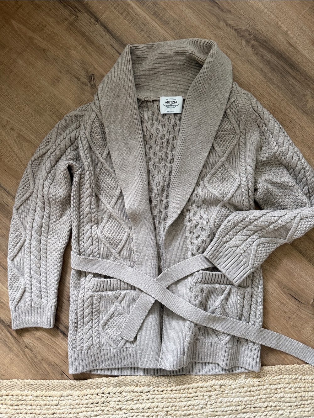 Aritzia Taupe 100% Merino Wool Cable-Knit Shawl Collar Cardigan